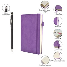 2KEM Notebook A5 - Hard Cover, 240 Pages Cream / 120 g/m², Numbered, Folding Pocket, Elastic Band, Pen Holder, Table of Contents, 2 Bookmarks, Touch Pen - Ideal as a Gift (Dotted, Purple)
