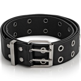 Skeleteen Grommet Faux Leather Belt - Black Faux Leather 2 Prong and Holes Aesthetic Grunge Belts for Men Women and Kids (Black, Large)