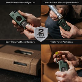 KLARO Triple Torch Lighter and Guillotine Cutter - Protective Lighter Cover, Manual Straight Cut – Ranger Green Powder-Coated Finish – Cigar Lighter for Men