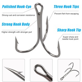 Classic Treble Hooks -20pcs Saltwater Treble Hooks Silver Triple Barbed Fish Hook Sharp Saltwater Triple Hooks Large Size Big Game Triple Hooks Size 4/0 6/0 7/0 8/0 10/0 (4/0-20pcs)