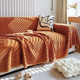 HANDONTIME Brunt Orange Couch Covers for 3 Cushion Couch Sofa Washable Corduroy Jacquard Sofa Slipcovers Caramel Couch Cover for Kids Soft Chenille Sofa Covers Couch Cover Blanket Thick, 71" X134"