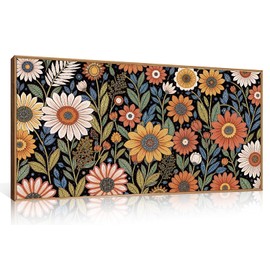 LHIUEM Large Abstract Boho Flower Framed Canvas Wall Art Set,Vintage Colorful Floral Wall Decor,Retro Wildfower Plant Painting,Botanical Artwork for Living Room,Bedroom,Dining Room,Office -20"x40"x1