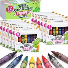 WOSWEL Super Washable Jumbo Crayons Bulk - 12 Packs With 8 Bright Colors, Non-Toxic Easy-Grip Fat Crayons for Toddlers Ages 1-3 2-4, Classroom Party Favor School Supplies