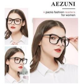 AEZUNI 4 Pack Retro Oversized Square Reading Glasses for Women Trendy Style Readers 1.0 1.5 2.0 2.5 3.0 3.5 4.0 5.0 6.0 (Black,3.50)
