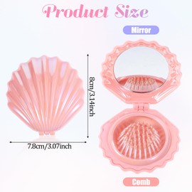 Foldable Travel Hair Brushes with Mirror Shell Shape Portable Folding Pocket Hair Brush Cute Mini Hair Comb Compact Size Hair Massage Comb Small Makeup Mirror Set Gifts for Girls Women