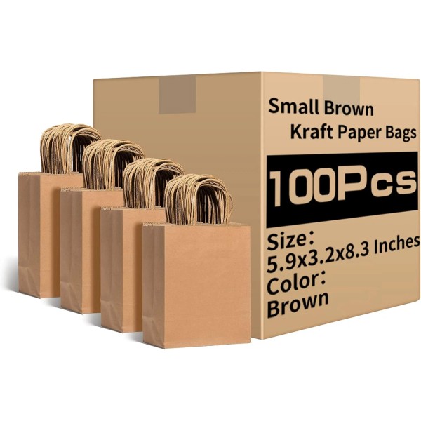 Small Brown Kraft Paper Bags with Handles Bulk, 5.9"X3.2"X8.3" 100Pcs