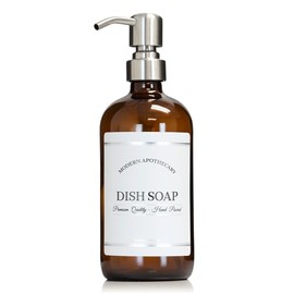 Artanis Home Amber Refillable Dish Soap Dispenser with Pump for Kitchen Sink - Glass Boston Round Dish Detergent Bottle - Waterproof Label - 16 oz