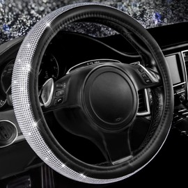 CAR PASS Bling Diamond Leather Steering Wheel Cover, with Bling Sparkly Crystal Glitter Rhinestones Universal Fit 14.5in-15in Car Wheel Protector for Women Girl Fit Suvs,Vans,Sedans,Car,Trucks, Silver
