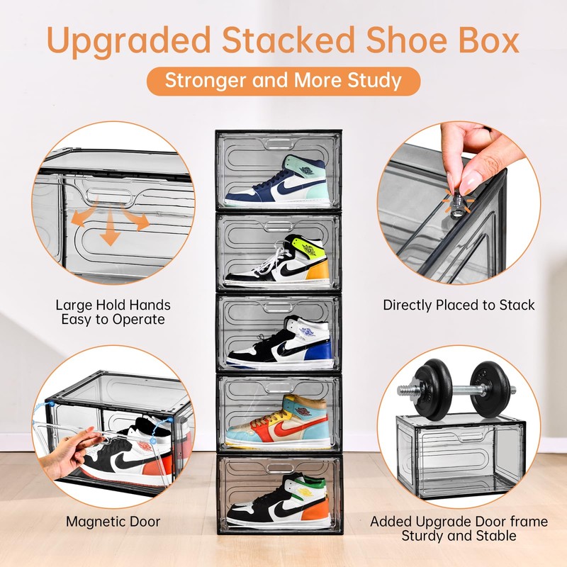 Amllas New Gray 8 Pack Shoe Boxes Stackable, Large Shoe