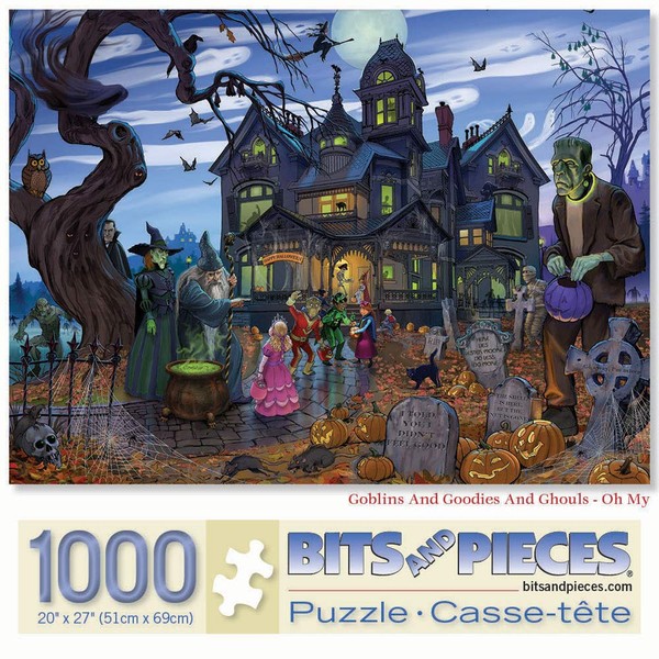 Bits and Pieces - 1000 Piece Jigsaw Puzzle for Adults 20" x 27"  - Goblins and Goodies and Ghouls - Oh My - 1000 pc Haunted House Halloween Trick or Treat Jigsaw by Artist K. Sean Sulivan