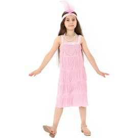 Rabtero Kids Roaring the 20s Fancy Dress Costume, Girls' Flapper Dress with Pearl Necklace and Feather Headband, Gangster Flapper Dress for Girls, Pink, 2X-Large 12-14