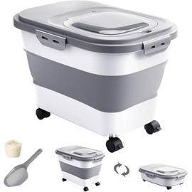 20-30 Lbs Rice Storage Container,Collapsible Food Storage Containers with Rolling Wheel Airtight Locking Lid,Flour Storage Container with Cup and Scoop,Suitable for Food,Rice,Pet Food,Flour