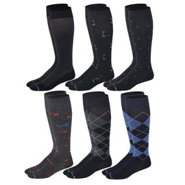 Dr. Motion Men's Knee High Compression Socks 8-15 mmHg ( 6 Pairs Pack ) (US, Numeric, 10, 13, Regular, Regular, Assorted C)