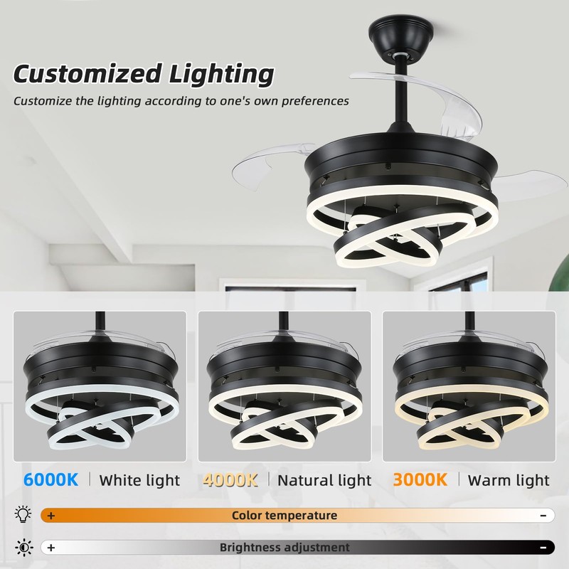 Retractable Ceiling Fan with Lights,Dimmable,6 speeds,DC Motor,36 inch Modern DIY