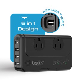 Ceptics - 6 in 1 Travel Adapter and Voltage Converter, 220V to 110V Converter with Surge Protection, Universal Adapter with Types A, C, G, I attachments & 4 USB PD 18W Fast Charging - Black