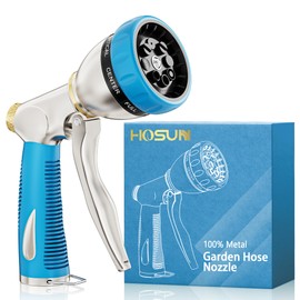 HOSUN Garden Hose Nozzle Sprayer Heavy Duty, 100% Metal Water Hose Nozzle with 8 Spray Patterns, High Pressure Hose Spray Nozzle with Non-Slip Grip for Watering Plant & Lawn, Washing Car & Pet, Blue