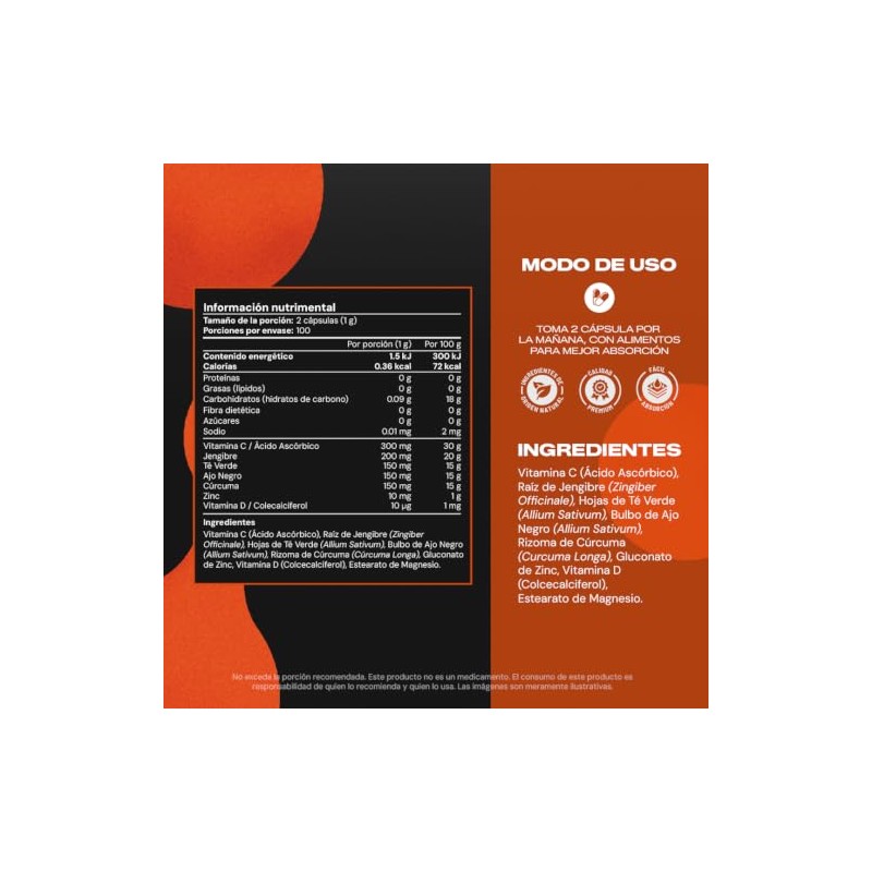 Vitamina C, D3, Zinc, Equinácea, Ajo, Jengibre y Cúrcuma VITAL