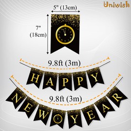 Uniwish Happy New Year Banner Black and Gold New Years Decorations 2025 New Years Eve Party Supplies Outdoor Indoor Home Wall Decor