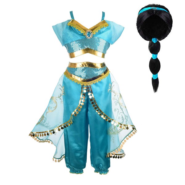 Tacobear Jasmine Costume for Girls Arabian Sequined Jasmine Dress up with Wig Tiara Wand Cosplay for Kids (130(5-6T), 01 Jasmine Costume with Wig)