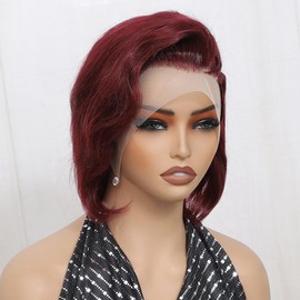 99J Red Pixie Cut Wig Human Hair Straight Lace Front Wigs Human Hair 13X4 Brazilian Pre Plucked Braided Wigs Human Hair Pixie Cut Wigs for Black Women Dark Red Burgundy Glueless Wigs 8 Inches