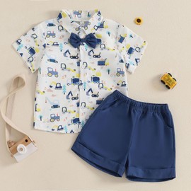 Toddler Infant Baby Boy Summer Gentleman Outfits Short Sleeve Cartoon Print T Shirts Top and Elastic Waist Shorts 2Pcs Tracksuit Sets Formal Clothes for Little Boys (Blue Navy, 12-18 Months)
