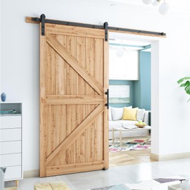 SMARTSTANDARD 8.2 FT Heavy Duty Sturdy Sliding Barn Door Hardware Kit, Black, (Whole Set Includes 1x Pull Handle Set & 1x Floor Guide) Fit 42"-48" Wide Door Panel (I Shape Hanger)