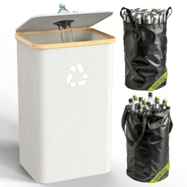 Pakusane Recycling Bin for Kitchen Indoor Home, Large 100L/ 27 Gallon Recycle Bin with Lid Removeable Reusable Inner Bag Bottle Can Glass Waste Plastice Stickers (White, 27 Gallon)