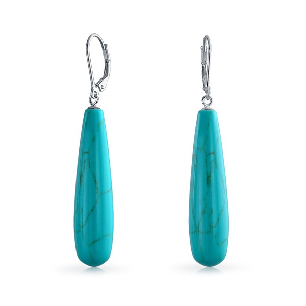 Simple Gemstone Blue Turquoise Elongated Teardrop Lever Back Dangle Earrings