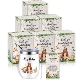 Hoolerry 6 Sets Safari Animals Baby Shower Favors 12 oz Insulated Wine Glass Stainless Steel Tumbler Cup with Lid and Straw Guest Baby Shower Gifts, Decorations, Souvenirs with Brush, Cards and Boxes