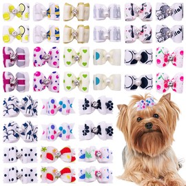 PET SHOW 10pairs White Small Dog Hair Bows with Rubber Bands Puppy Hair Bows with Bling Rhinestone Bowknot Topknot Medium Doggies Cats Boy Girl Grooming Accessories Assorted