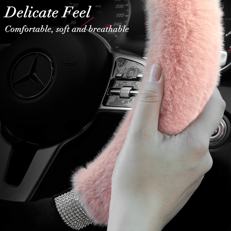Achiou Rhinestone Fluffy Steering Wheel Cover - Comfortable Non-Slip Luxury