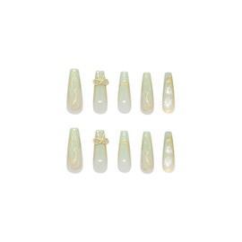 SINHOT Coffin Press on Nails Long - Halcyon Green Fake Nails Glossy Glue on Nails Gold Line Bowknot Acrylic Nails White Flower Ballerina Artificial Nails Stick on False Nails with Design 24pcs