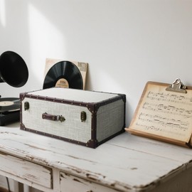 DreamsEden Large Decorative Wooden Storage Box, 23.5''L x 14''W - Vintage Suitcase Chest Trunk with Hinged Lid, Linen-Fabric Cover