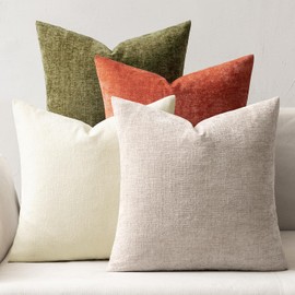 MIULEE Pack of 4 Throw Pillow Covers 18x18 Inch Soft Chenille Couch Pillow Covers for Sofa Living Room Solid Dyed Pillow Cases Brown-Green
