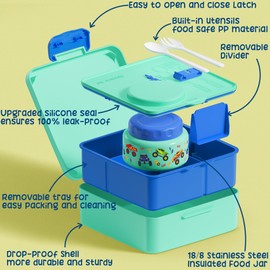 Fimibuke Bento Box for Kids Adult, BPA Free & Leakproof Toddler Lunch Box with 8.5oz Insulated Thermos Food Jar, Utensils & Sauce Jar, Dishwasher Safe 3 or 4 Compartment Container for School Girl Boy