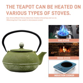 SECHUDO Cast Iron Teapot Tea Kettle with Stainless Steel Infuser for Stovetop Safe Coated with Enameled Interior Japanese Green Tetsubin for Loose Tea(30.4oz/900ml)