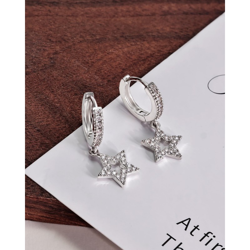 Desnuage Silver CZ Hollow Star Huggie Hoop Earrings for Women