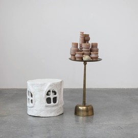 Creative Co-Op Handmade Paper Mache House, White Decorative Pedestal, Ivory