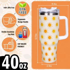 Whaline 40oz Boho Sun Tumbler with Handle Straw and Lid Sunshine Travel Tumbler Coffee Cup for Friend Holiday Birthday Party Favors