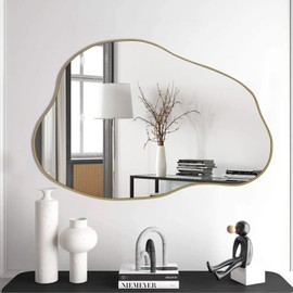 POZINO Gold Irregular Mirror, 30"x20.5" Cloud Shaped Mirrors, Asymmetrical Wall Mirror, Modern Abstract Frameless Mirrors for Living Room Bathroom Bedroom Entryway