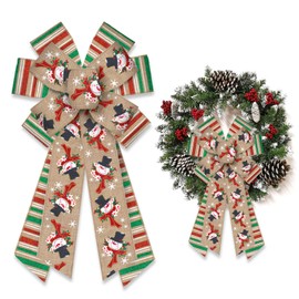 LANGFON Large Christmas Wreath Bow Christmas Decor Bows Red Green Strips Snowman Bow for Wreath, Christmas Tree Topper Bow for Front Door Party Decoration Home Indoor Outdoor Wreath Ornament Supplies