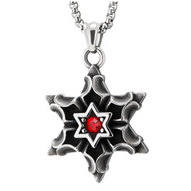 COOLSTEELANDBEYOND Women's Men's Stainless Steel Vintage Concave Star of David Pendant Necklace with Red Zirconia, 60 cm Wheat Chain, Stainless steel, metal, Cubic Zirconia