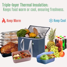 VENO 3 Pack Cooler Bag and Insulated Grocery Bags for Food Delivery, Collapsible Cooler, Reusable Shopping Bags for Groceries with zipper, Foldable, Heavy-Duty, Stands Upright (Dark Blue, 3 Pack)