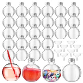 Jinei 30 Packs 8 oz Spherical Plastic Potion Bottles Ball Shape Sand Bottles Clear Plastic Cocktail Ornament Balls with Funnels for DIY Wedding Party Gift Crafts Decoration(Lid,Silver)