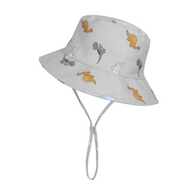 QKURT Kids Sun Hat Dinosaur Bucket Hat Adjustable Beach Cap Toddlers Fisherman Hat for Ages 2-6, Windproof Wide Brim Summer Sunhat with Breathable Mesh Lining for Boys and Girls Grey