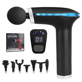 LED Pistola de Masaje,Pistola de masaje con luces de colores，Pistola de Masaje Muscular Portátil,Portátil 8Cabezales de Masaje para Relajar Los,12 Niveles Ajustables.