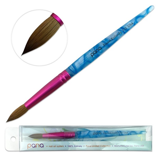 PANA USA Acrylic Nail Brush Pure Kolinsky Hair Acrylic White Swirl Blue Handle with Pink Ferrule Round Shaped - Size 12