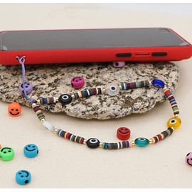 clover Beaded Phone Charm, Smiley Face Beaded Phone Lanyard Wrist Strap Fruit Letter Pearl Rainbow Handmade Clay Beads Anti Lost Phone Chain Keychain for Women Girls
