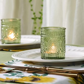 DEVI 24pcs Green Votive Candle Holders for Wedding, Glass Tea Lights Candle Holder, Green Baby Shower Christmas Party Table Decor, Vintage Green Depression Glass Candle Holders for Table Centerpiece