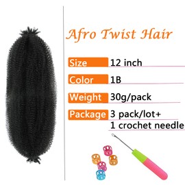 Springy Afro Twist Hair 12 Inch 3 Packs Black Color Pre Fluffed Marley Twist Braiding Hair for Black Women (12 inch, 1B)